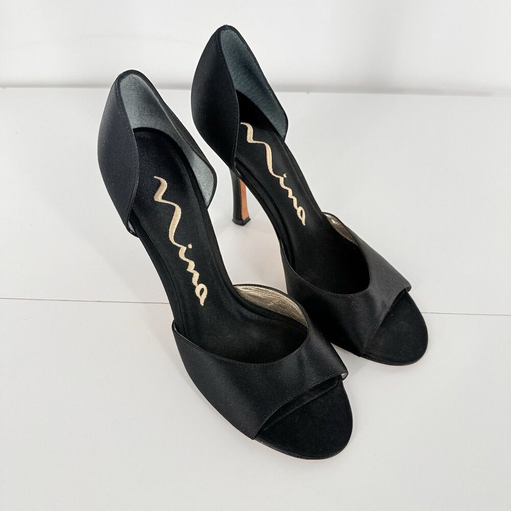NINA Womens Black Silk Dorsay Contesa Stiletto Slip On Leather Pumps Sz. 8M